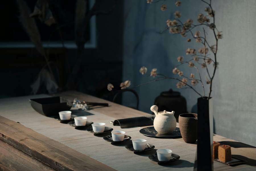 A tea table set for service